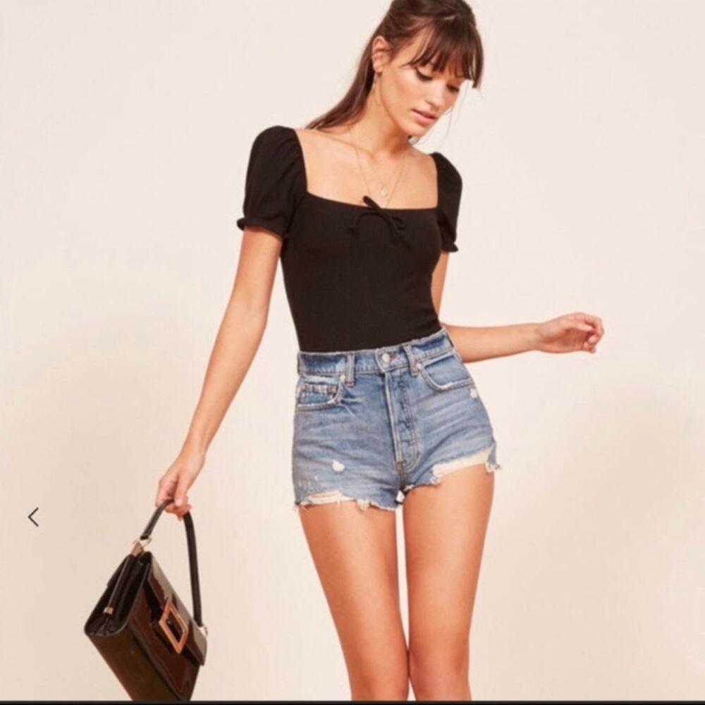 Reformation Dixie high rise shorts in Bali wash